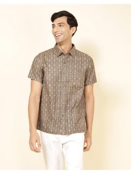 Fabindia - Men Brown Viscose Blend Collar Neck Printed Hand Block Shirt
