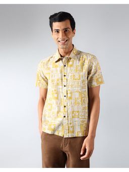 Fabindia - Men Yellow Cotton Collar Neck Printed Hand Block Shirt