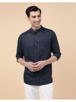 Fabindia - Men Navy Blue Viscose Mandarin Neck Solid Woven Shirt