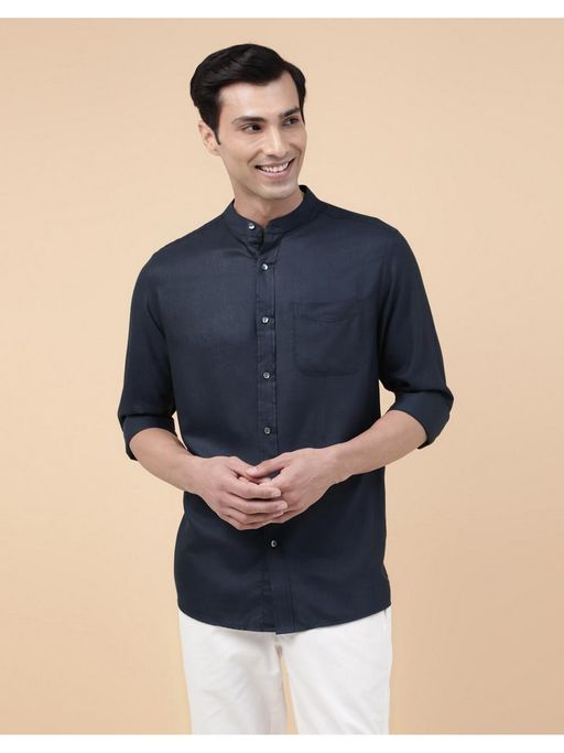 Fabindia Men Navy Blue Viscose Mandarin Neck Solid Woven Shirt