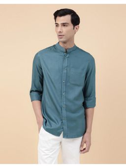 Fabindia - Men Teal Viscose Mandarin Neck Solid Woven Shirt