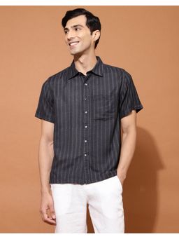Fabindia - Men Black Viscose Collar Neck Printed Hand Block Shirt