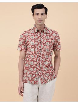 Fabindia - Men Red Cotton Collar Neck Floral Printed Shirt