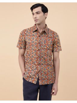 Fabindia - Men Rust Cotton Collar Neck Abstract Printed Shirt