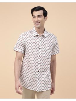 Fabindia - Men White Cotton Collar Neck Printed Hand Block Shirt
