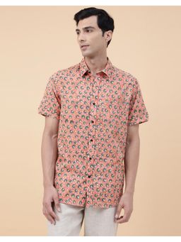 Fabindia - Men Peach Cotton Collar Neck Printed Hand Block Shirt