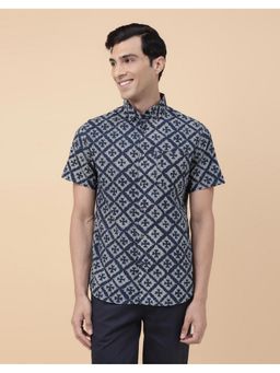 Fabindia - Men Navy Blue Cotton Collar Neck Abstract Printed Shirt
