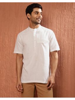Fabindia - Men Off White Cotton Mandarin Neck Stripes Printed Shirt