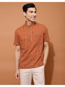 Fabindia - Men Rust Cotton Mandarin Neck Printed Hand Block Shirt