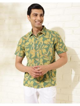 Fabindia - Men Green Cotton Collar Neck Printed Hand Block Shirt
