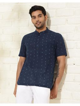 Fabindia - Men Indigo Cotton Mandarin Neck Polka Dots Printed Shirt