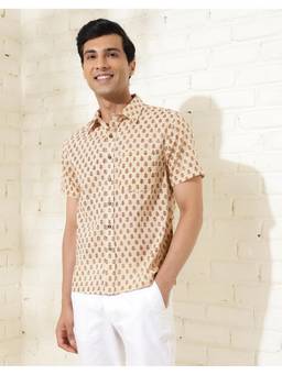Fabindia - Men Beige Cotton Collar Neck Floral Hand Block Shirt