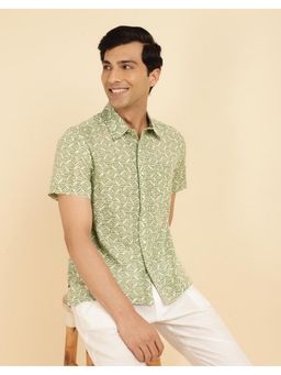 Fabindia - Men Green Cotton Collar Neck Printed Hand Block Shirt