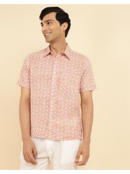 Fabindia - Men Rust Cotton Collar Neck Printed Hand Block Shirt