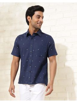 Fabindia - Men Navy Blue Cotton Collar Neck Polka Dots Printed Shirt
