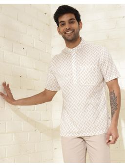 Fabindia - Men White Cotton Mandarin Neck Printed Hand Block Shirt