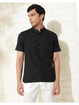 Fabindia - Men Black Cotton Mandarin Neck Woven Ikat Shirt