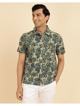 Fabindia - Men Green Cotton Collar Neck Printed Shirt
