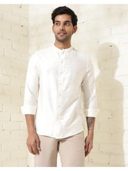 Fabindia - Men Off White Viscose Mandarin Neck Solid Woven Shirt