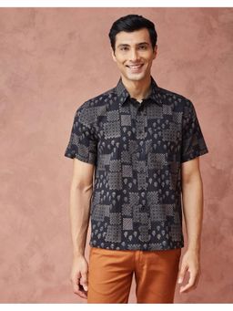 Fabindia - Men Black Cotton Collar Neck Printed Hand Block Shirt