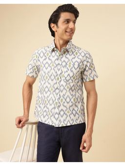 Fabindia - Men White Cotton Collar Neck Printed Ikat Shirt