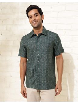 Fabindia - Men Green Viscose Collar Neck Printed Hand Block Shirt