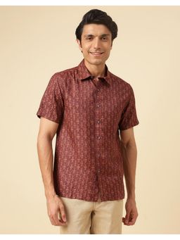 Fabindia - Men Maroon Viscose Collar Neck Printed Hand Block Shirt