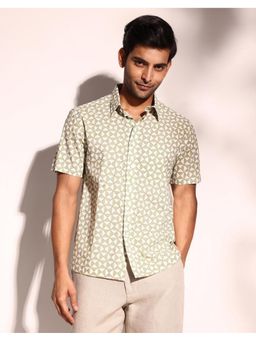 Fabindia - Green Cotton Collar Neck Printed Hand Block Shirt