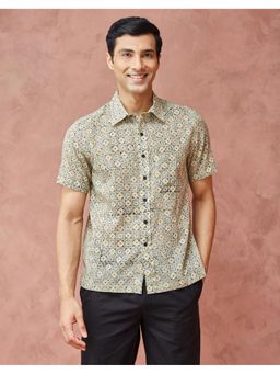 Fabindia - Men Beige Cotton Collar Neck Printed Hand Block Shirt