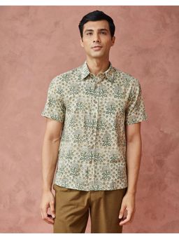 Fabindia - Men Beige Cotton Collar Neck Floral Hand Block Shirt