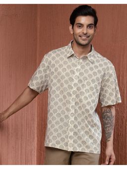 Fabindia - Men Off White Cotton Collar Neck Printed Hand Block Shirt