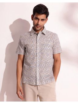 Fabindia - Men White Collar Neck Printed Hand Block Shirt