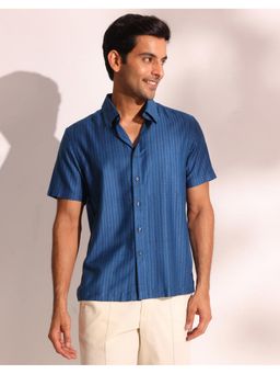 Fabindia - Men Blue Viscose Collar Neck Printed Hand Block Shirt