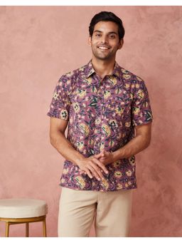 Fabindia - Men Purple Cotton Collar Neck Printed Kalamkari Shirt