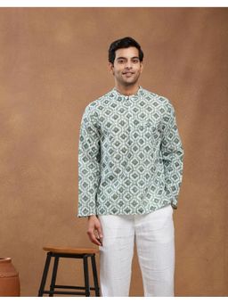 Fabindia - Men Green Cotton Mandarin Neck Printed Hand Block Shirt
