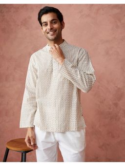 Fabindia - Men Off White Cotton Mandarin Neck Printed Hand Block Shirt