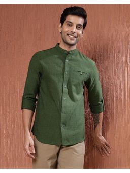 Fabindia - Men Green Cotton Mandarin Neck Solid Woven Shirt