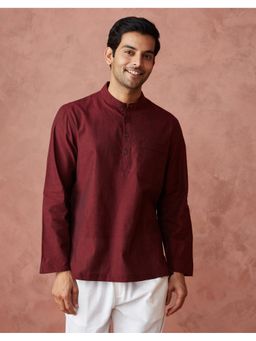 Fabindia - Men Red Cotton Mandarin Neck Woven Shirt