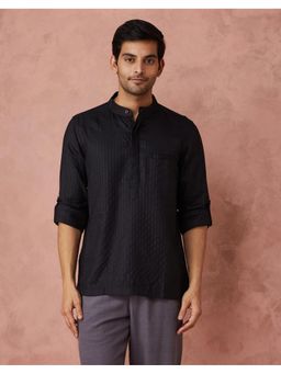 Fabindia - Men Black Viscose Blend Mandarin Neck Stripes Woven Shirt