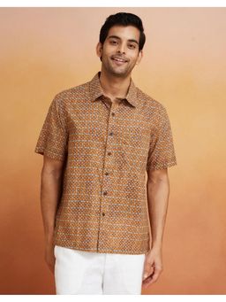 Fabindia - Men Brown Cotton Collar Neck Printed Hand Block Shirt