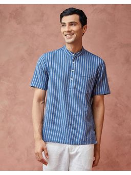 Fabindia - Men Navy Blue Cotton Mandarin Neck Stripes Printed Shirt