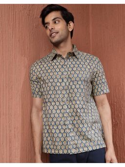 Fabindia - Men Blue Cotton Collar Neck Floral Printed Shirt
