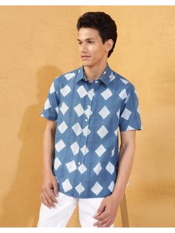 Fabindia - Men Blue Cotton Collar Neck Geometric Printed Shirt