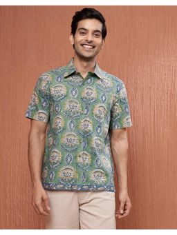 Fabindia - Men Green Cotton Collar Neck Printed Kalamkari Shirt