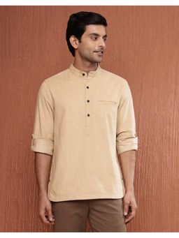 Fabindia - Men Beige Cotton Mandarin Neck Solid Woven Shirt