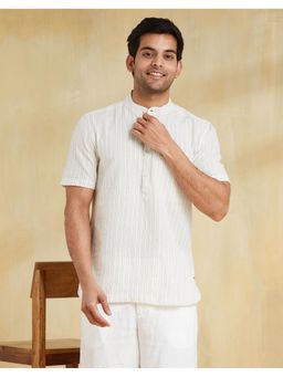 Fabindia - Men Off White Cotton Mandarin Neck Stripes Printed Shirt