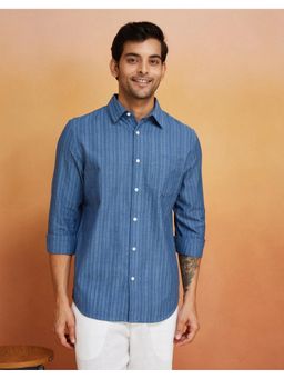 Fabindia - Men Blue Cotton Collar Neck Stripes Printed Shirt