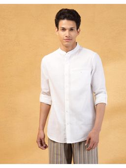 Fabindia - Men White Cotton Mandarin Neck Solid Woven Shirt