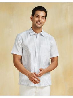 Fabindia - Men White Cotton Collar Neck Stripes Hand Block Shirt