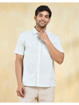 Fabindia - Men White Cotton Collar Neck Stripes Hand Block Shirt